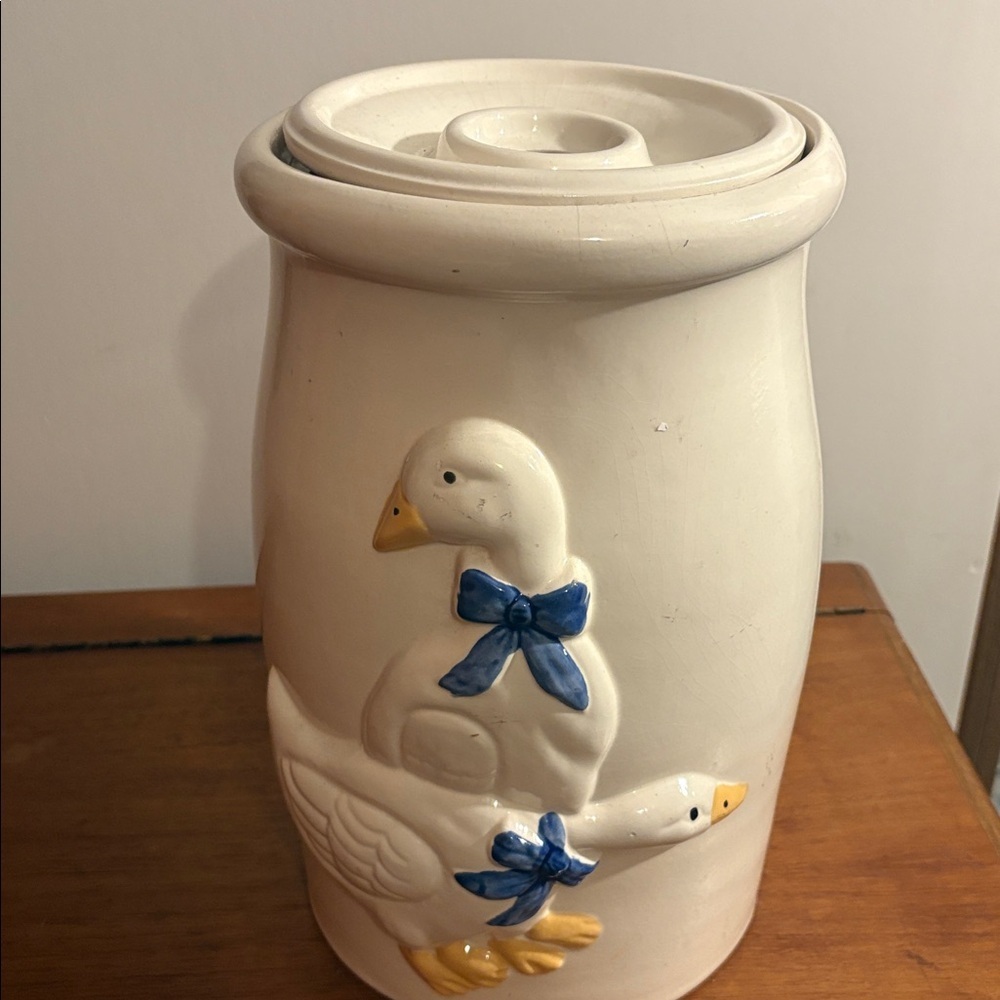 Large Country Geese Ducks Ceramic Butter Churner Crock Vintage 80s Rustic Farm - Picture 3 of 17